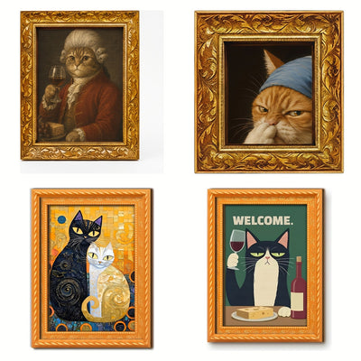 Handgeschilderde Vintage Kat Magneten — Klassieke Collectie (4 magneten)
