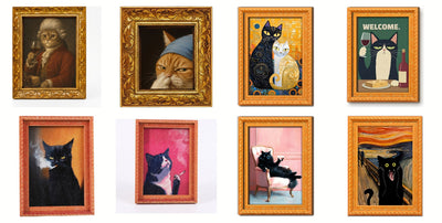 Handgeschilderde Vintage Kat Magneten — Volledige Set (8 magneten)