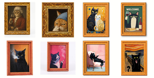 Handgeschilderde Vintage Kat Magneten — Volledige Set (8 magneten)